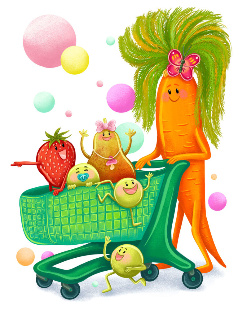 ilustracja dla dzieci ilustracja do aplikacji mobilnej ilustracja kulinarna zabawne warzywa i owoce ilustratorka
